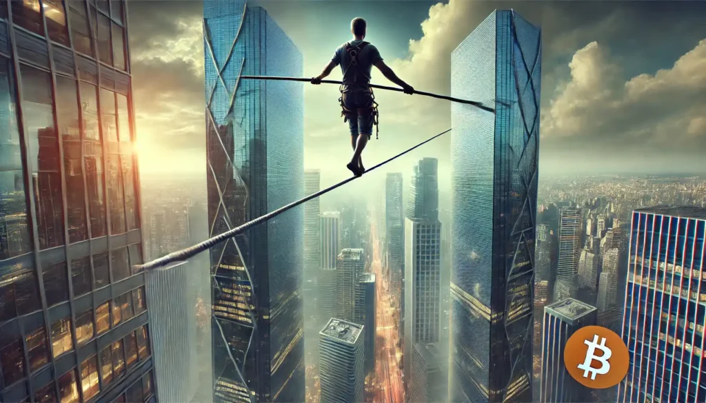 A tightrope walker symbolizing the risk in crypto trading