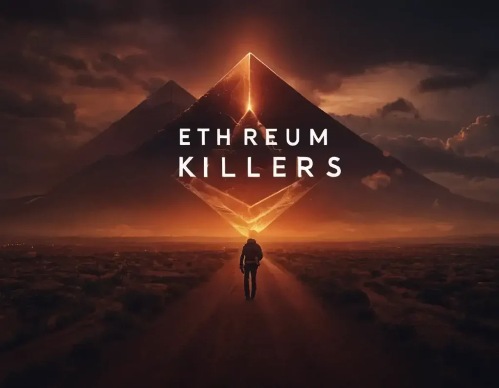 Ethereum killers image, human walking into futuristic pyramids