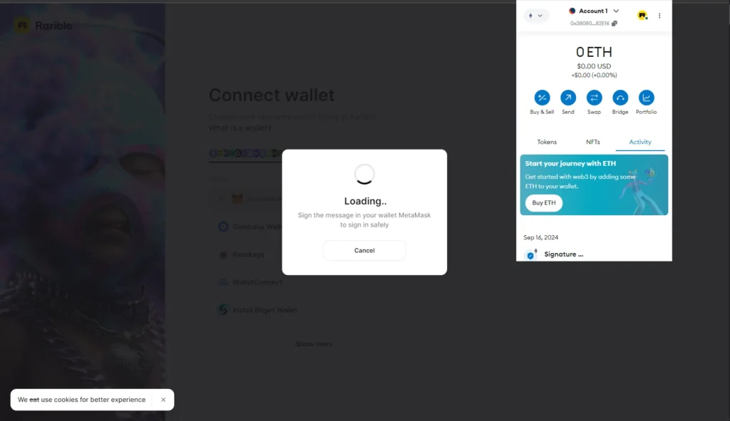 Metamask connecting to Rarible platform