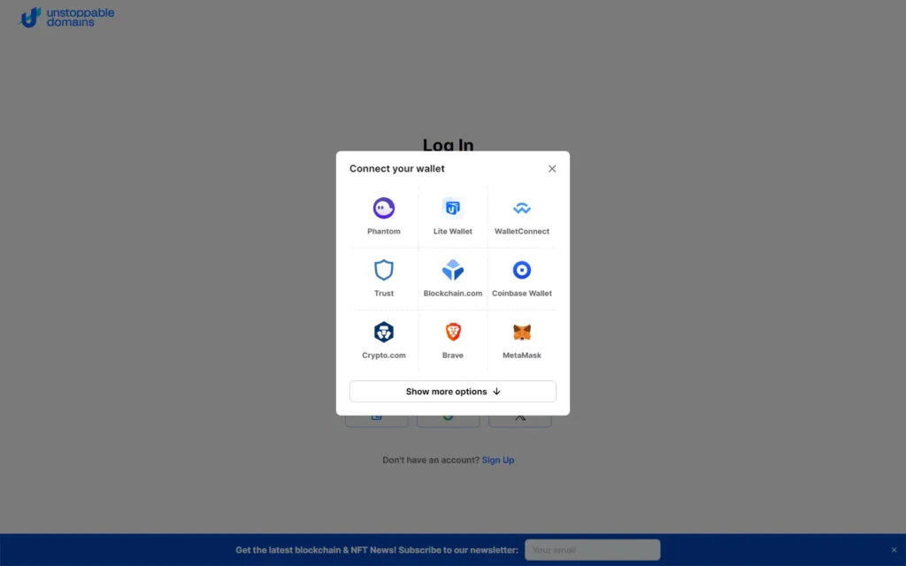 Sign up with wallet to Unstoppable NFT domains
