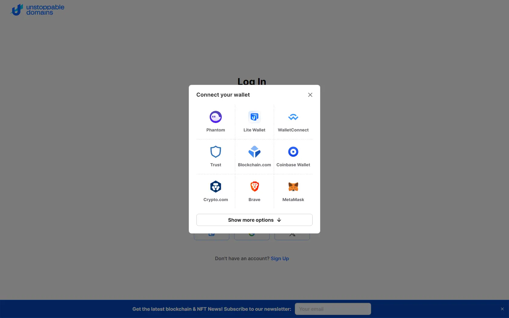 Sign up with wallet to Unstoppable NFT domains