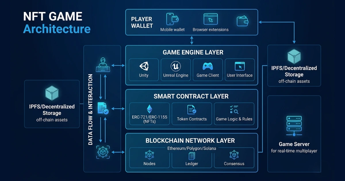 A detailed technical infographic mapping out the core NFT game architecture.