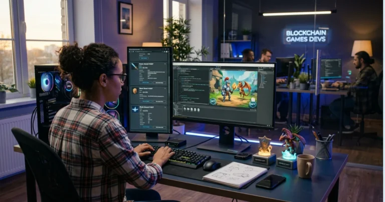 A vibrant digital illustration depicting the full cycle of NFT game development. A developer works at a multi-monitor station creating in-game items, which are shown as "NFT" certified weapons and armor.