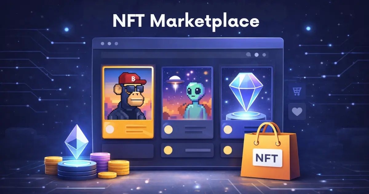 NFT marketplace illustration showing digital collectibles displayed in a trading platform interface with crypto coins and NFT shopping bag, representing buying and selling NFTs online