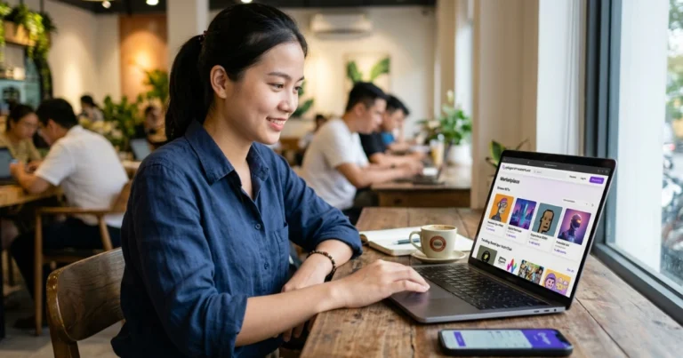 Polygon NFT marketplace - woman checking the NFT marketplace