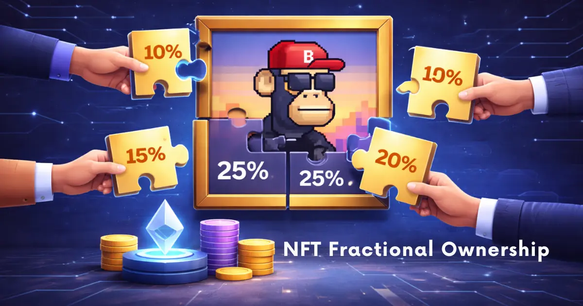 NFT Fractional Ownership illustration showing a digital NFT divided into percentage shares
