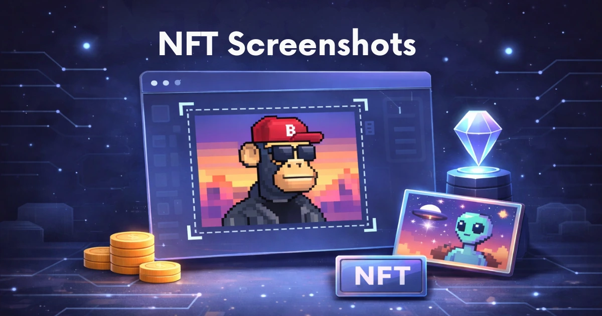 NFT screenshots illustration showing digital NFT artwork preview with pixel art, blockchain elements and crypto assets