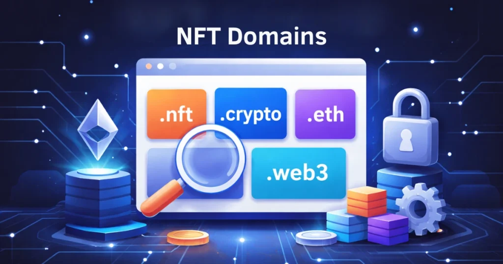 NFT domains illustration showing .eth, .crypto and .web3 domains with blockchain, wallet and security elements