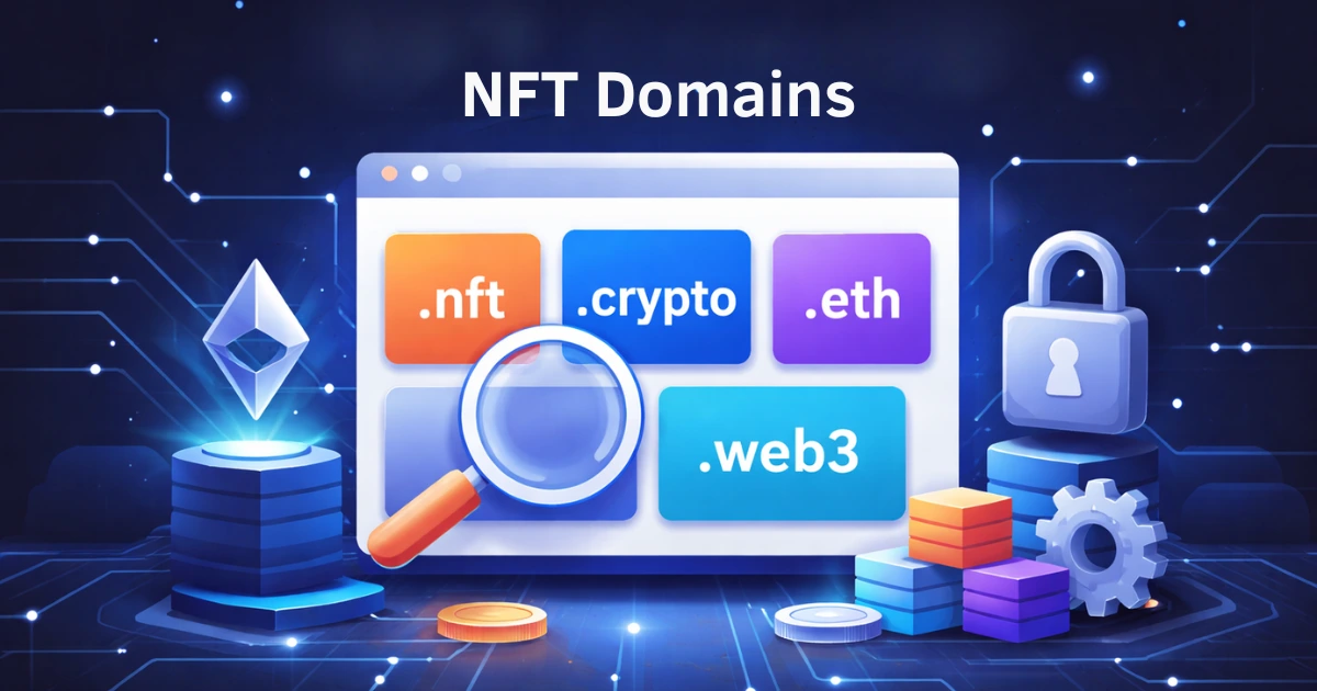 NFT domains illustration showing .eth, .crypto and .web3 domains with blockchain, wallet and security elements