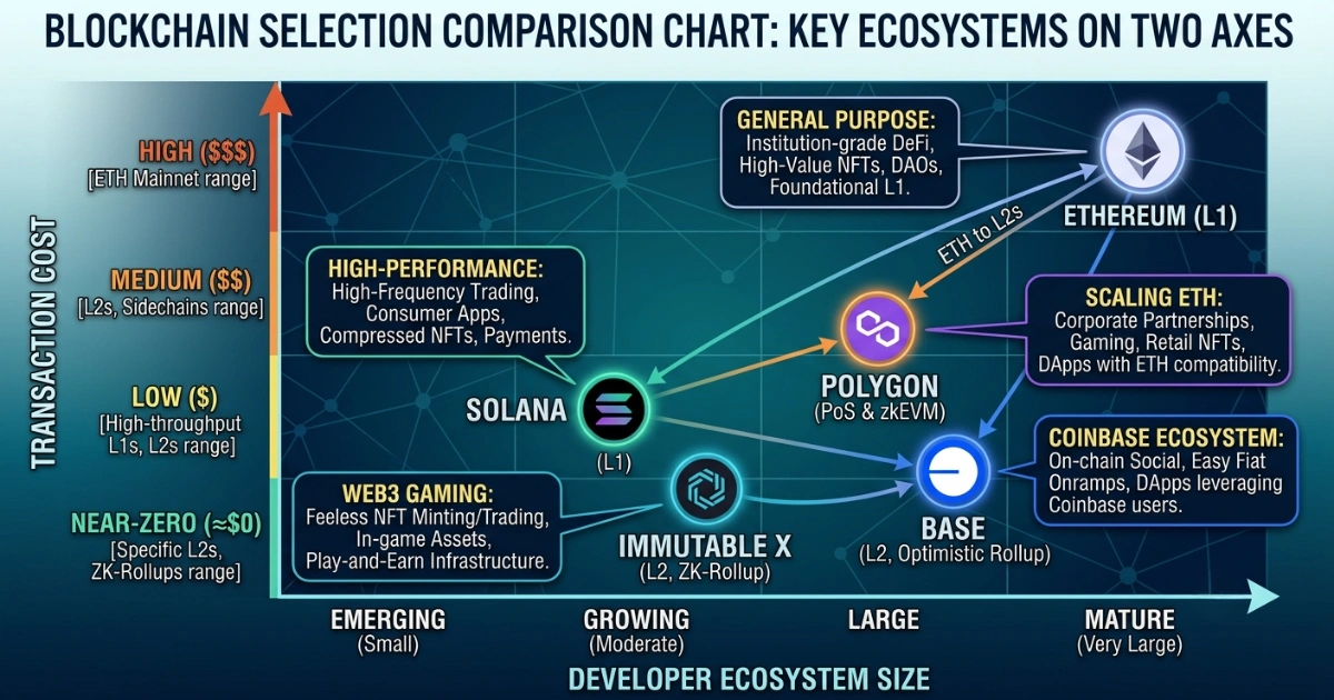 A 2D matrix chart plotting Ethereum, Polygon, Solana, Base, and Immutable X based on transaction cost versus developer ecosystem size, including primary use cases for each network.