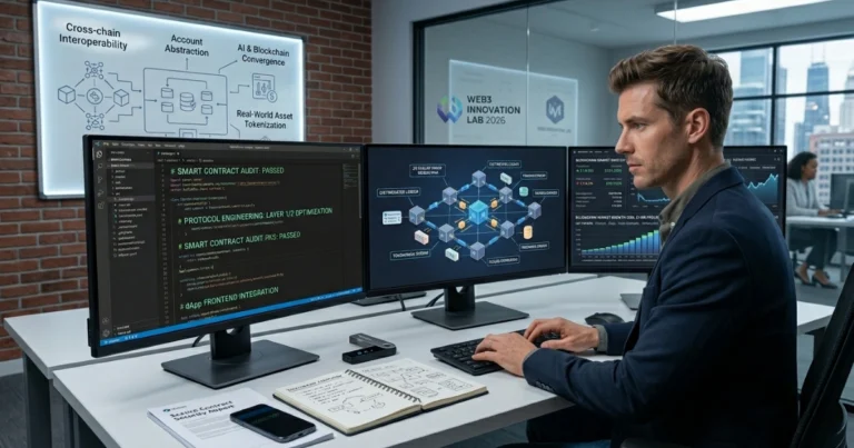 A 30-year-old software engineer working in a modern Web3 innovation lab with a triple-monitor setup, analyzing smart contract code, protocol engineering architecture, and decentralized ledger data.