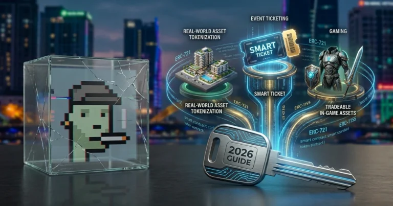 A conceptual illustration showing a pixelated avatar trapped inside a cracked glass cube next to a metallic key - visualization of an NFT development