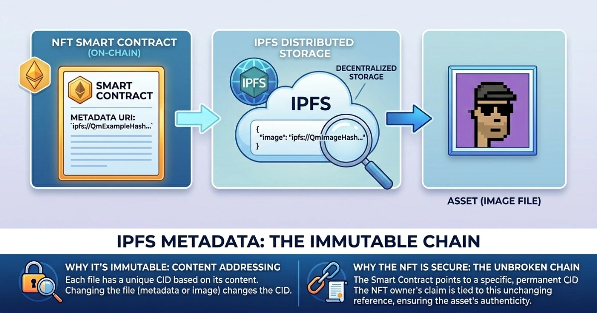 A minimalist three-step infographic showing an NFT smart contract pointing via an IPFS hash to a JSON metadata file, which then links to the final pixel-art image asset, illustrating how content addressing secures the data chain.