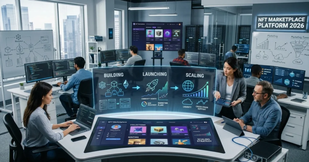 A tech workspace showing developers building, launching, and scaling a digital NFT marketplace platform with UI mockups and blockchain architecture diagrams.