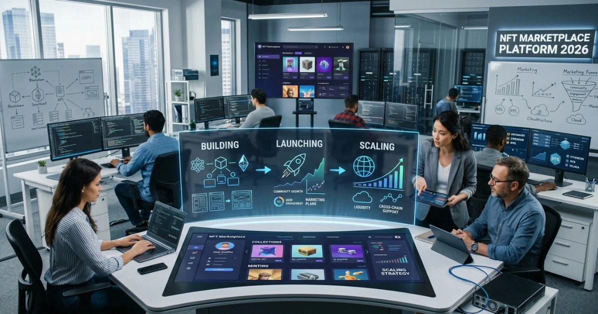 A tech workspace showing developers building, launching, and scaling a digital NFT marketplace platform with UI mockups and blockchain architecture diagrams.