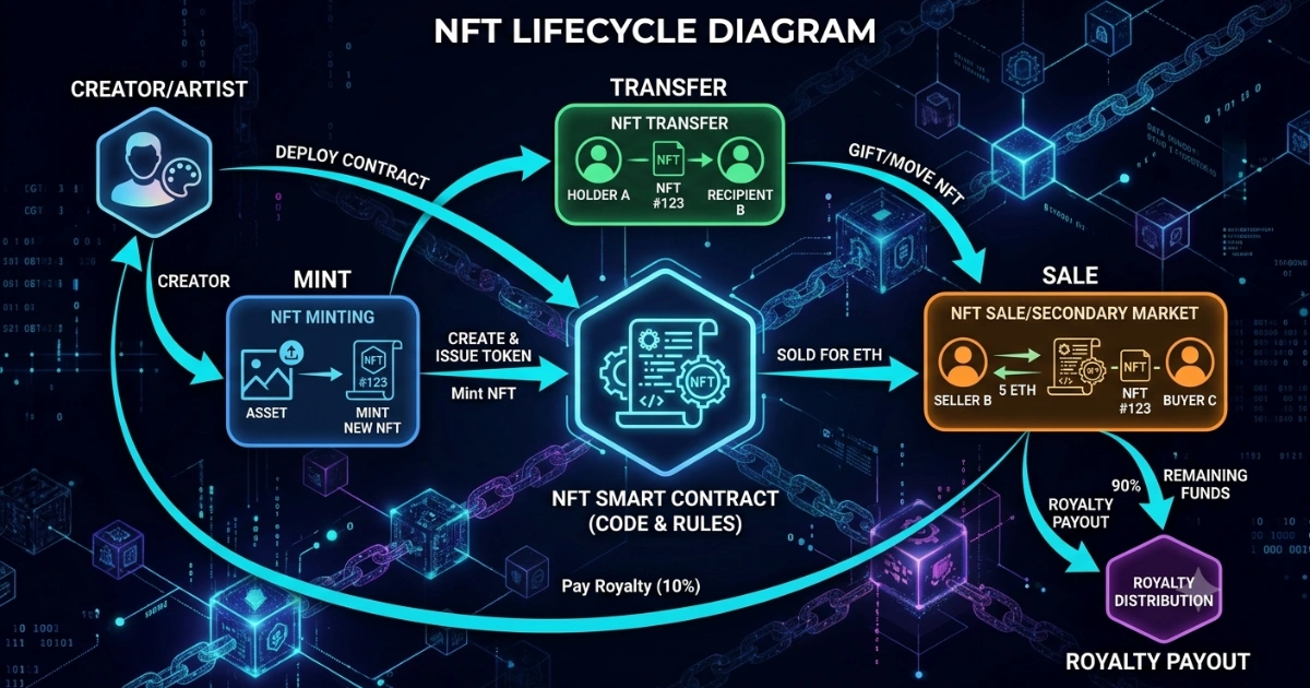 A dark blockchain-themed diagram showing an NFT smart contract lifecycle. Glowing nodes and labeled arrows trace the path from deployment and minting by a creator, to wallet transfer, to a secondary market sale.