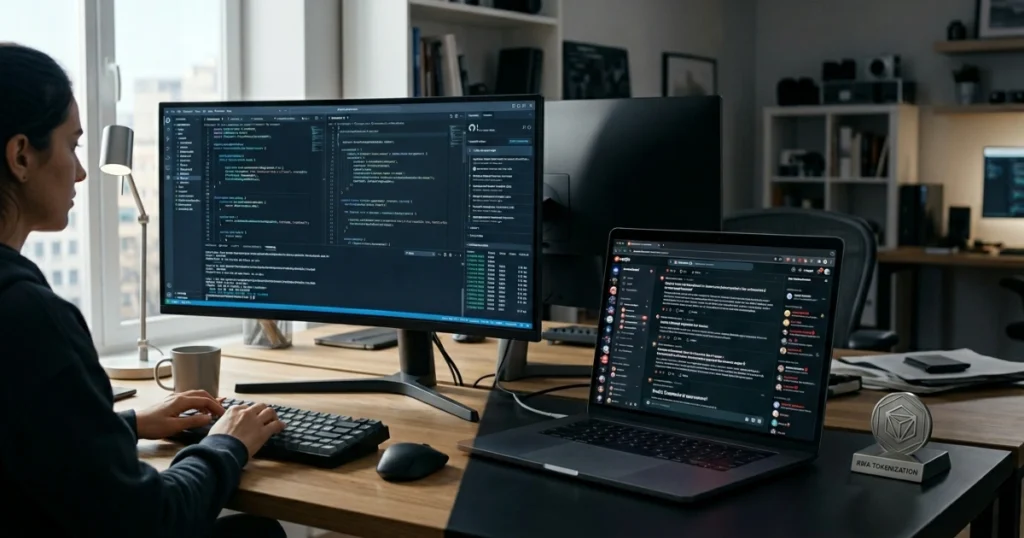 A programmer coding at a dual-monitor desk with a visible 'RWA TOKENIZATION' base, representing the 2026 Web3 job market