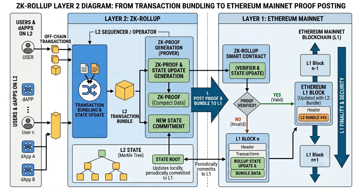 Technical flowchart diagram illustrating blockchain development interaction between Layer 2 (ZK-Rollup) and Layer 1 (Ethereum Mainnet).