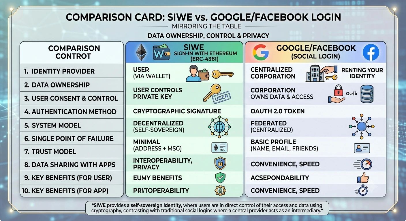 SIWE (ERC-4361) - Comparison card mirroring the SIWE vs. Google/Facebook login table