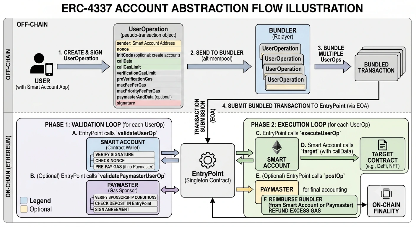 ERC-4337 flow illustration UserOperation, bundler, EntryPoint, smart account, paymaster.