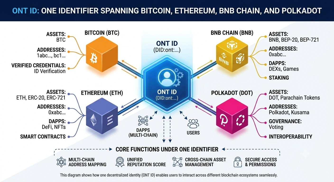 Ontology ONT ID spanning Bitcoin, Ethereum, BNB Chain, and Polkadot under one identifier