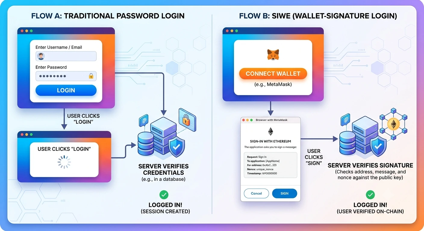 SIWE (ERC-4361) password login vs. SIWE wallet-signature login.