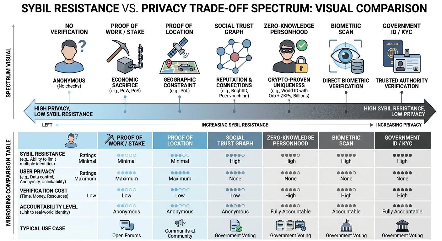 Sybil resistance vs. privacy trade-off spectrum visual, mirroring the comparison table