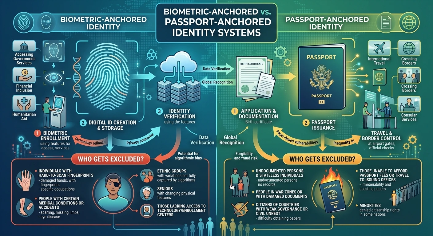 Biometric-anchored vs. passport-anchored identity, both showing who gets excluded