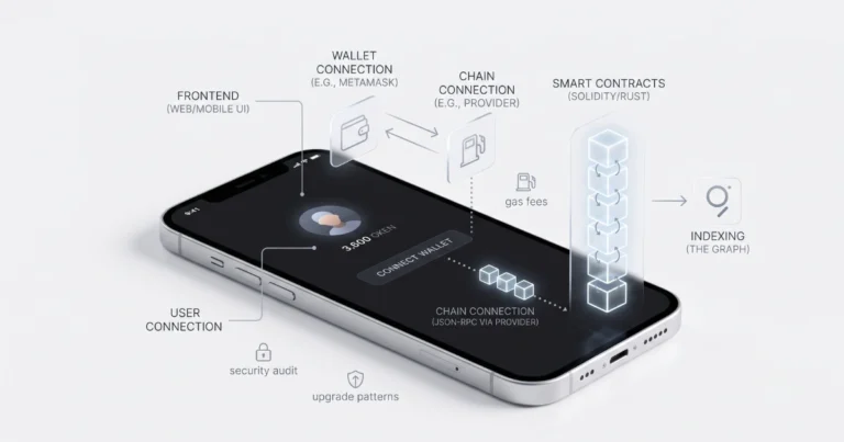 A smartphone illustrating the technical architecture and key components of dApp development.