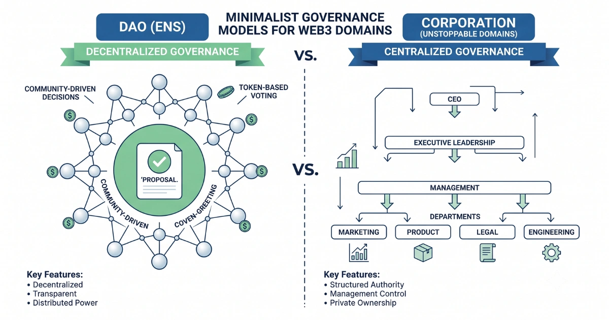 A side-by-side minimalist diagram comparing Web3 domain governance models