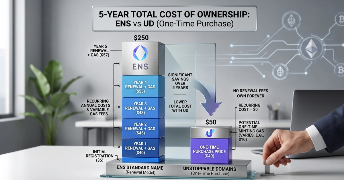 A 3D bar chart infographic comparing the 5-year total cost of ownership between ENS and Unstoppable Domains.