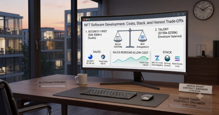 NFT software development - computer desk with the monitor showing all important concepts