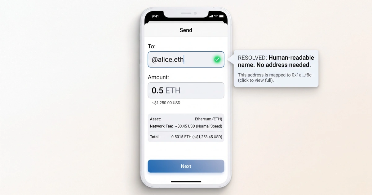 A mobile phone screen displays a cryptocurrency "Send" interface. The recipient field contains the readable text "@alice.eth"