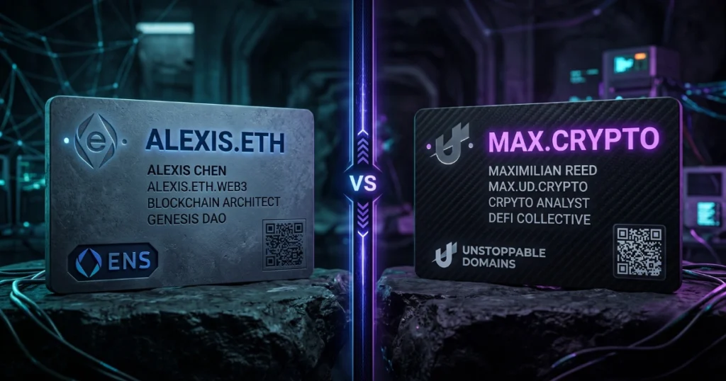 A dark Web3-styled side-by-side graphic featuring a metallic .eth name card on the left and a carbon fiber .crypto name card on the right, separated by a glowing neon "VS" divider