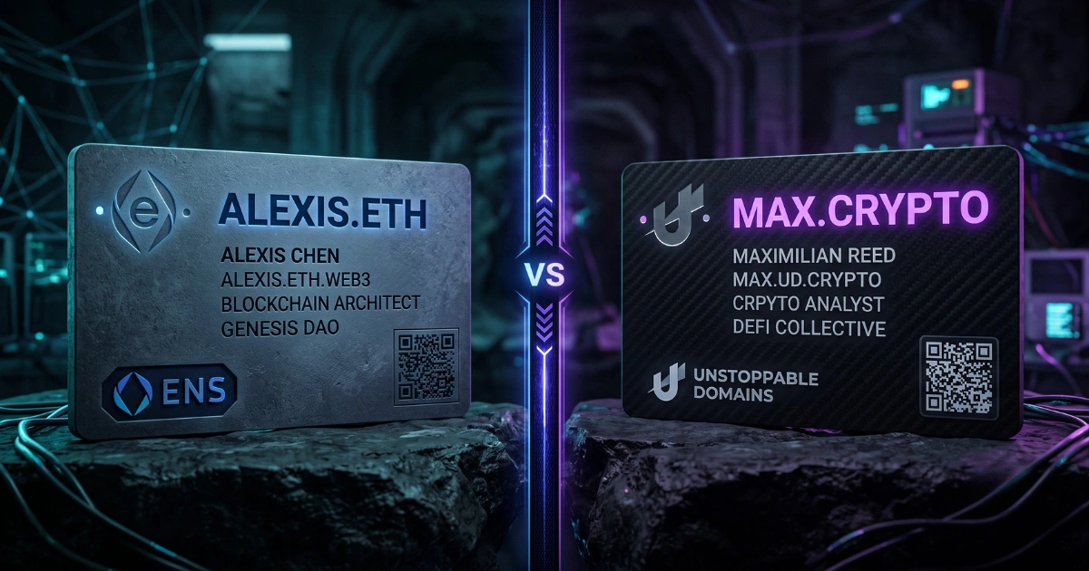 A dark Web3-styled side-by-side graphic featuring a metallic .eth name card on the left and a carbon fiber .crypto name card on the right, separated by a glowing neon "VS" divider