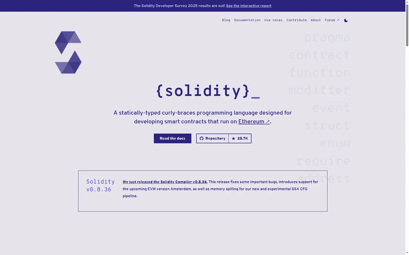 A Screenshot of Solidity Programming Language Website (Source -www.soliditylang.org)