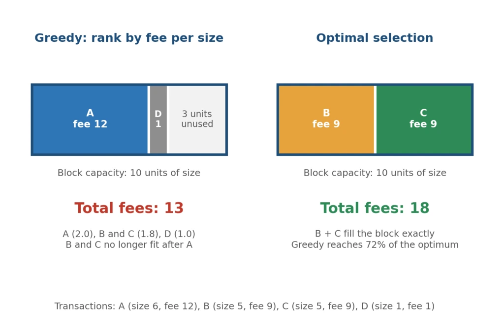 Greedy algorithm versus optimal transaction selection in a block knapsack problem, a core issue in maximal extractable value auctions