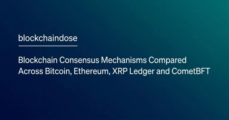 Blockchain consensus mechanisms illustrated by a network of validators linking Bitcoin, Ethereum, XRP Ledger and CometBFT