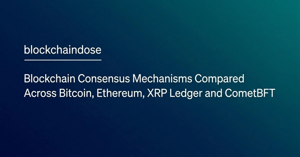 Blockchain consensus mechanisms illustrated by a network of validators linking Bitcoin, Ethereum, XRP Ledger and CometBFT