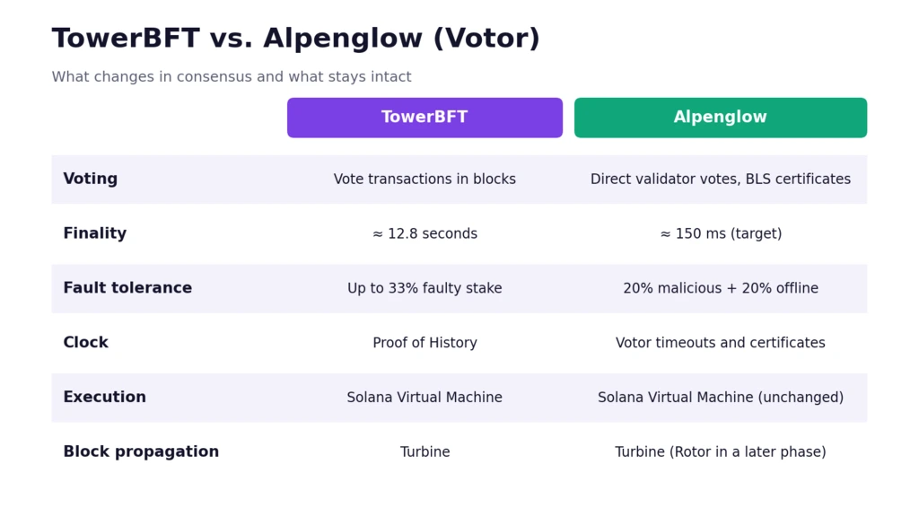Table comparing TowerBFT and Solana Alpenglow in voting, finality, fault tolerance, clock, execution and block propagation